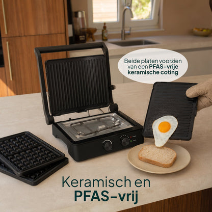 Tosti-ijzer & Contactgrill 2200W - PFAS-vrij - Inclusief Wafelplaten - Timer - 4 Tosti’s - Zwart