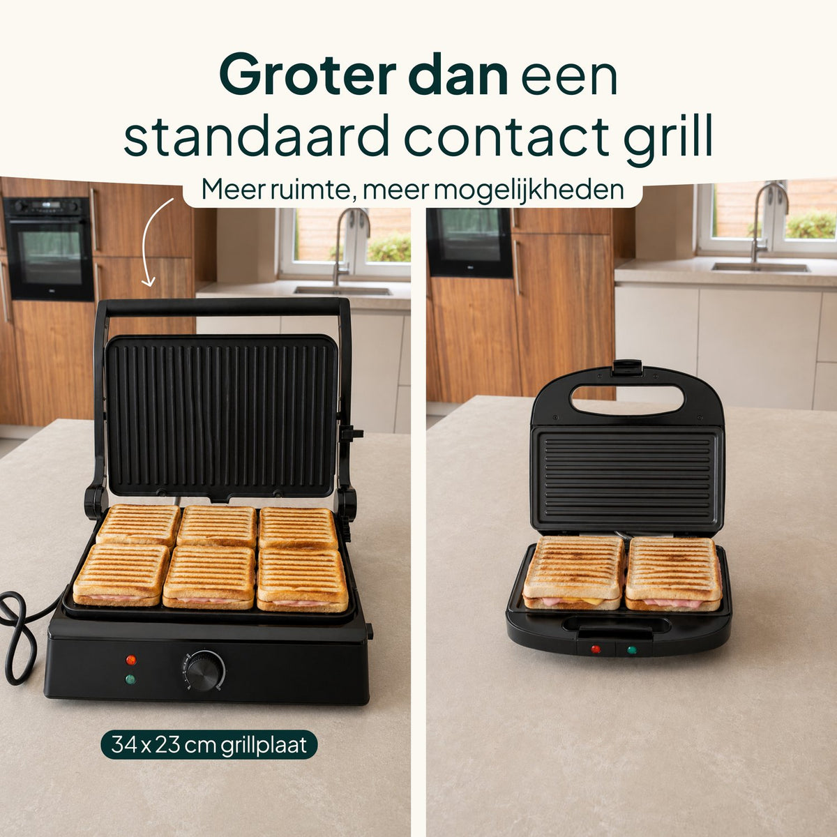 Tosti-ijzer & Contactgrill XXL 2200W - PFAS-vrij - 6 Tosti’s - Uitneembare Platen - Zwart