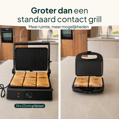 Tosti-ijzer & Contactgrill XXL 2200W - PFAS-vrij - 6 Tosti’s - Uitneembare Platen - Zwart