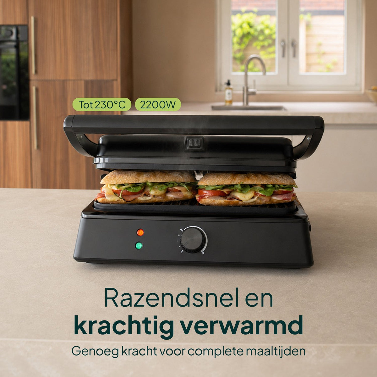 Tosti-ijzer & Contactgrill XXL 2200W - PFAS-vrij - 6 Tosti’s - Uitneembare Platen - Zwart