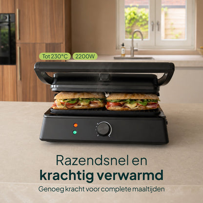 Tosti-ijzer & Contactgrill XXL 2200W - PFAS-vrij - 6 Tosti’s - Uitneembare Platen - Zwart