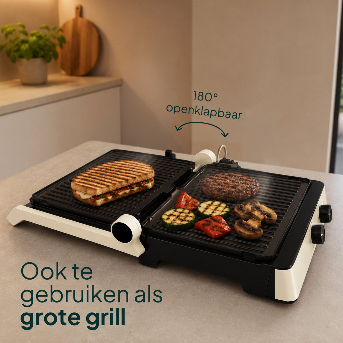Tosti-ijzer & Contactgrill 2200W - PFAS-vrij - Inclusief Wafelplaten - Timer - 4 Tosti’s - Crème