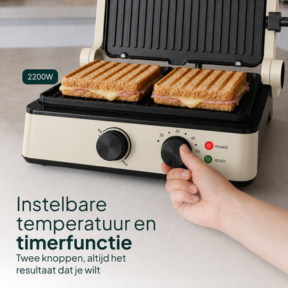 Tosti-ijzer & Contactgrill 2200W - PFAS-vrij - Inclusief Wafelplaten - Timer - 4 Tosti’s - Crème