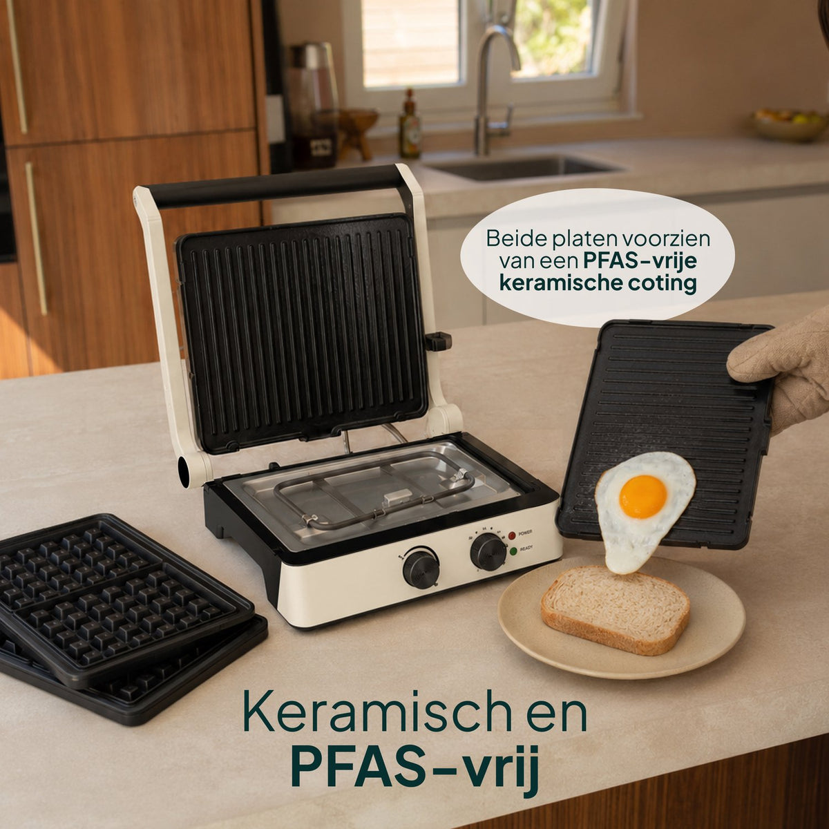 Tosti-ijzer & Contactgrill 2200W - PFAS-vrij - Inclusief Wafelplaten - Timer - 4 Tosti’s - Crème