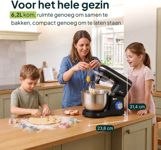 2000W Keukenmixer - Geschikt voor Zwaar Deeg - 6,2L Mengkom - Keukenmachine - Keukenrobot - Matzwart
