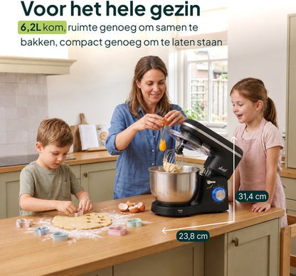 2000W Keukenmixer - Geschikt voor Zwaar Deeg - 6,2L Mengkom - Keukenmachine - Keukenrobot - Matzwart