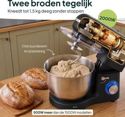 2000W Keukenmixer - Geschikt voor Zwaar Deeg - 6,2L Mengkom - Keukenmachine - Keukenrobot - Matzwart