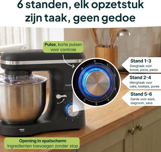 2000W Keukenmixer - Geschikt voor Zwaar Deeg - 6,2L Mengkom - Keukenmachine - Keukenrobot - Matzwart
