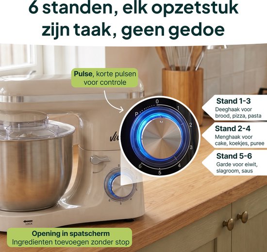 2000W Keukenmixer - Geschikt voor Zwaar Deeg - 6,2L Mengkom - Keukenmachine - Keukenrobot - Crème