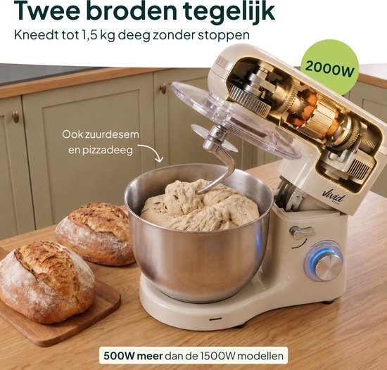 2000W Keukenmixer - Geschikt voor Zwaar Deeg - 6,2L Mengkom - Keukenmachine - Keukenrobot - Crème