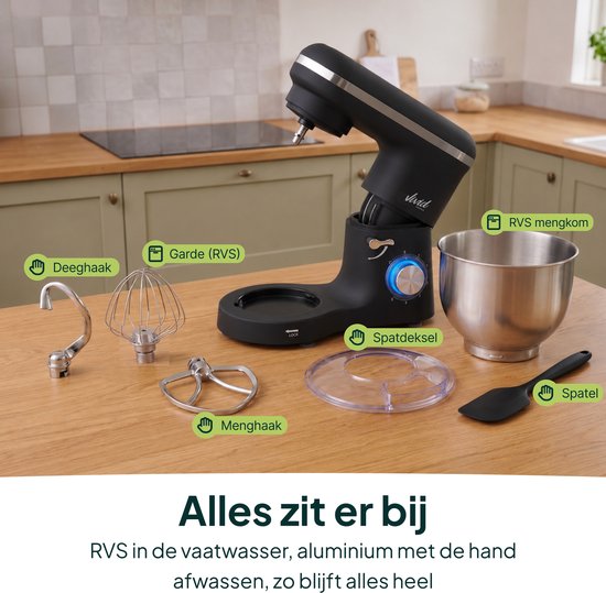 2000W Keukenmixer - Geschikt voor Zwaar Deeg - 6,2L Mengkom - Keukenmachine - Keukenrobot - Matzwart
