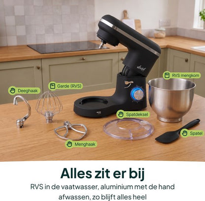 2000W Keukenmixer - Geschikt voor Zwaar Deeg - 6,2L Mengkom - Keukenmachine - Keukenrobot - Matzwart