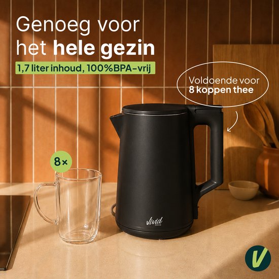 Waterkoker - 1.7L - Dubbelwandig - BPA-vrij - RVS - 2000W - Elektrisch - Zwart