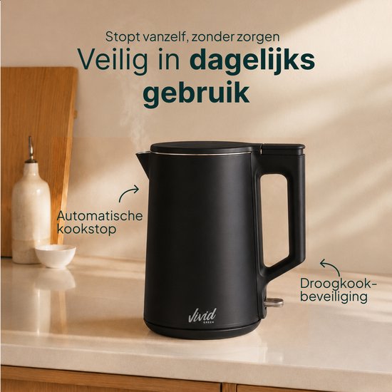 Waterkoker - 1.7L - Dubbelwandig - BPA-vrij - RVS - 2000W - Elektrisch - Zwart