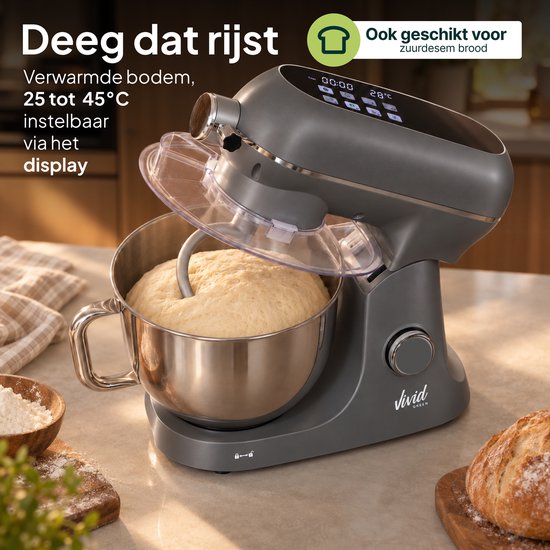 Luxe Keukenmixer - 7L Mengkom met Verwarmde Bodem - Rijsfunctie - Touchscreen & Timer - Vaatwasserbestendig - Keukenmachine - Keukenrobot - Grijs