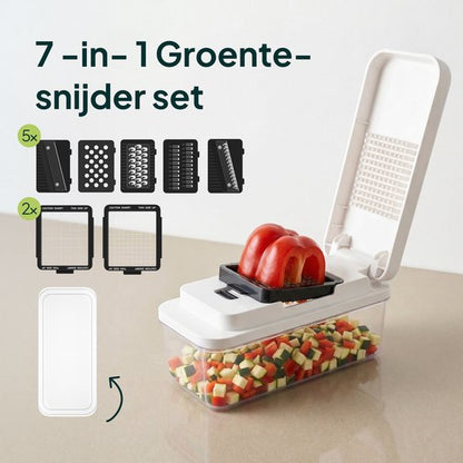 Groentesnijder Multifunctioneel & Mandoline Keukensnijder - 13-delig - Uienhakker Met Opvangbak 1,3L - Inclusief Bewaardeksel - Wit