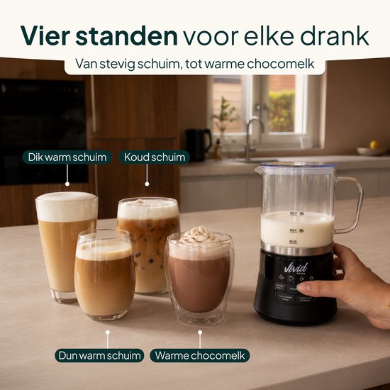 Glazen Melkopschuimer - Warm & Koud Schuim - 4-in-1 - Elektrische Melkschuimer - PFAS-vrij & BPA-vrij - Vaatwasserbestendig