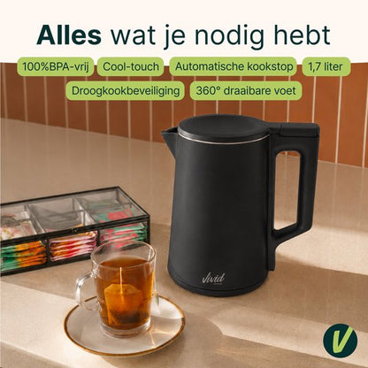 Waterkoker - 1.7L - Dubbelwandig - BPA-vrij - RVS - 2000W - Elektrisch - Zwart