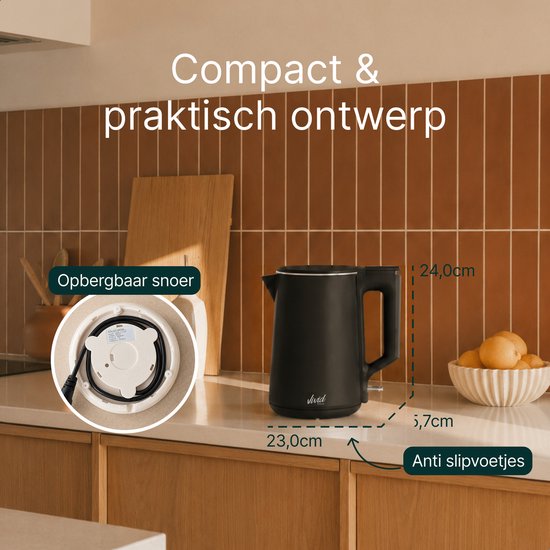 Waterkoker - 1.7L - Dubbelwandig - BPA-vrij - RVS - 2000W - Elektrisch - Zwart