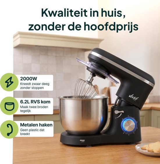 2000W Keukenmixer - Geschikt voor Zwaar Deeg - 6,2L Mengkom - Keukenmachine - Keukenrobot - Matzwart