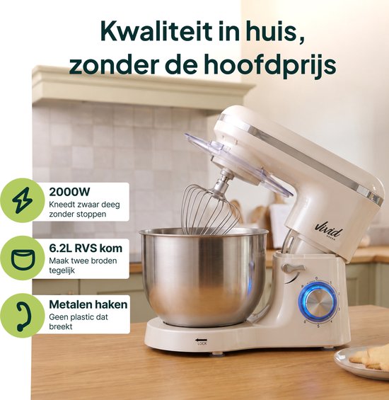 2000W Keukenmixer - Geschikt voor Zwaar Deeg - 6,2L Mengkom - Keukenmachine - Keukenrobot - Crème