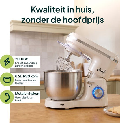 2000W Keukenmixer - Geschikt voor Zwaar Deeg - 6,2L Mengkom - Keukenmachine - Keukenrobot - Crème