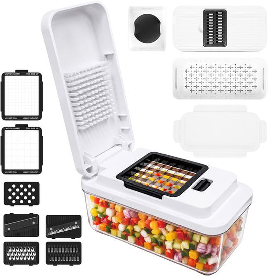 Groentesnijder Multifunctioneel & Mandoline Keukensnijder - 13-delig - Uienhakker Met Opvangbak 1,3L - Inclusief Bewaardeksel - Wit
