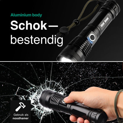 Zaklamp LED 5000mAh Oplaadbaar - Militaire - 2500 Lumen - Zwart