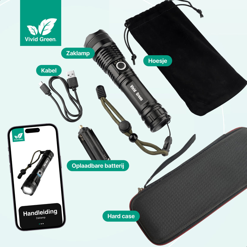Zaklamp LED 5000mAh Oplaadbaar - Militaire - 2500 Lumen - Zwart