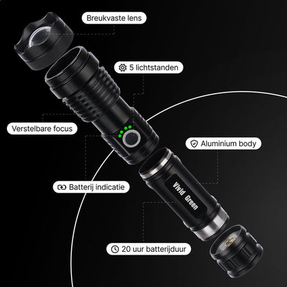 Zaklamp LED 5000mAh Oplaadbaar - Militaire - 2500 Lumen - Zwart