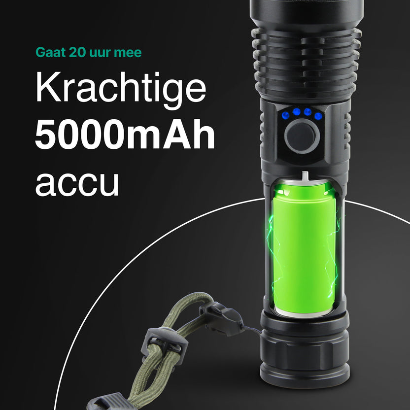 Zaklamp LED 5000mAh Oplaadbaar - Militaire - 2500 Lumen - Zwart