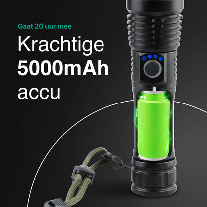 Zaklamp LED 5000mAh Oplaadbaar - Militaire - 2500 Lumen - Zwart