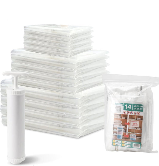 Vacuumzakken 14 Stuks / 4 Maten - Dekbedden & Kleding - Vacumeerzakken - Reiszakken - Incl. Handpomp