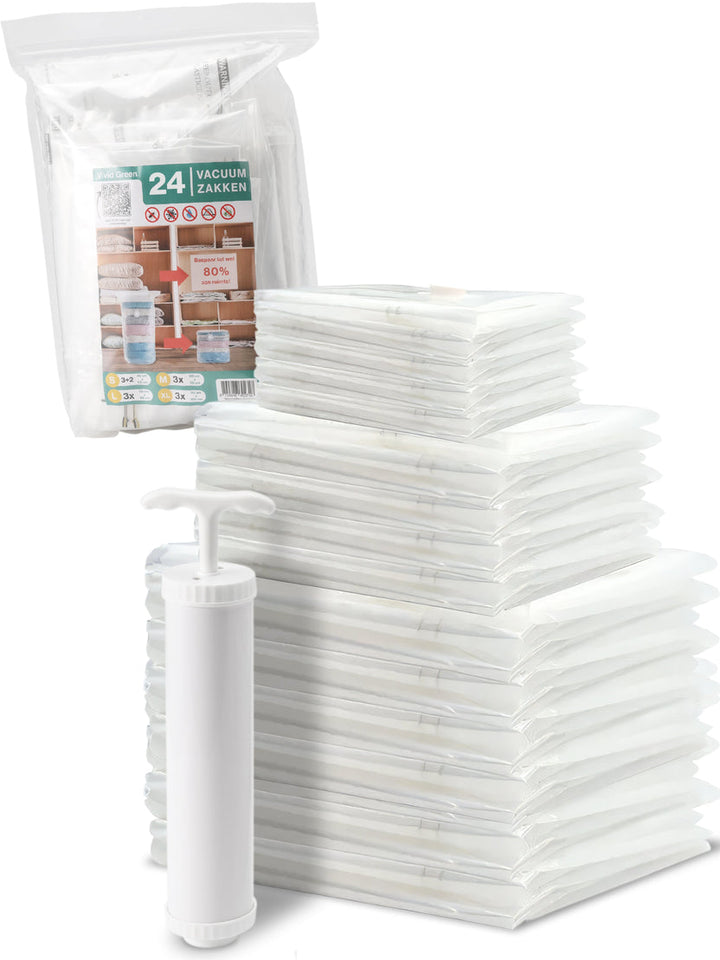 Vacuumzakken 24 Stuks / 4 Maten - Dekbedden & Kleding - Vacumeerzakken - Reiszakken - Incl. Handpomp