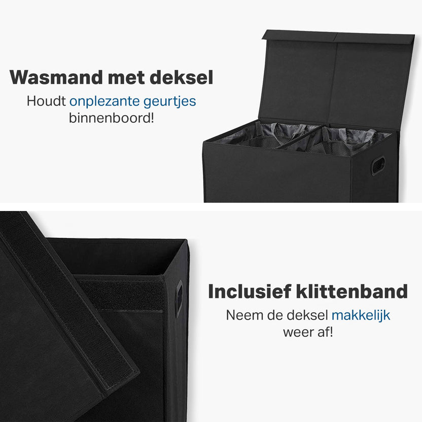 Dubbele Wasmand met Deksel en Uitneembare Waszakken - Wasmanden - Wassorteerder - 120L - Zwart