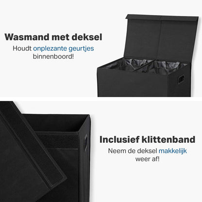 Dubbele Wasmand met Deksel en Uitneembare Waszakken - Wasmanden - Wassorteerder - 120L - Zwart