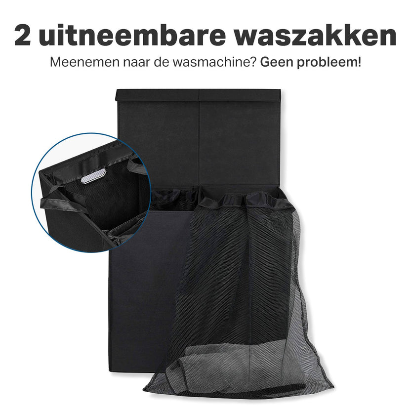 Dubbele Wasmand met Deksel en Uitneembare Waszakken - Wasmanden - Wassorteerder - 120L - Zwart