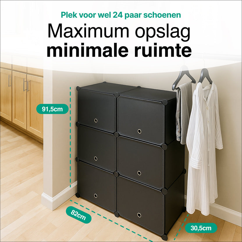 Schoenenkast 24 paar Schoenen - Verstelbaar - Schoenenrek - 6 vakkken - Geschikt voor Laarzen - 91,5*82*32,5 CM - Zwart