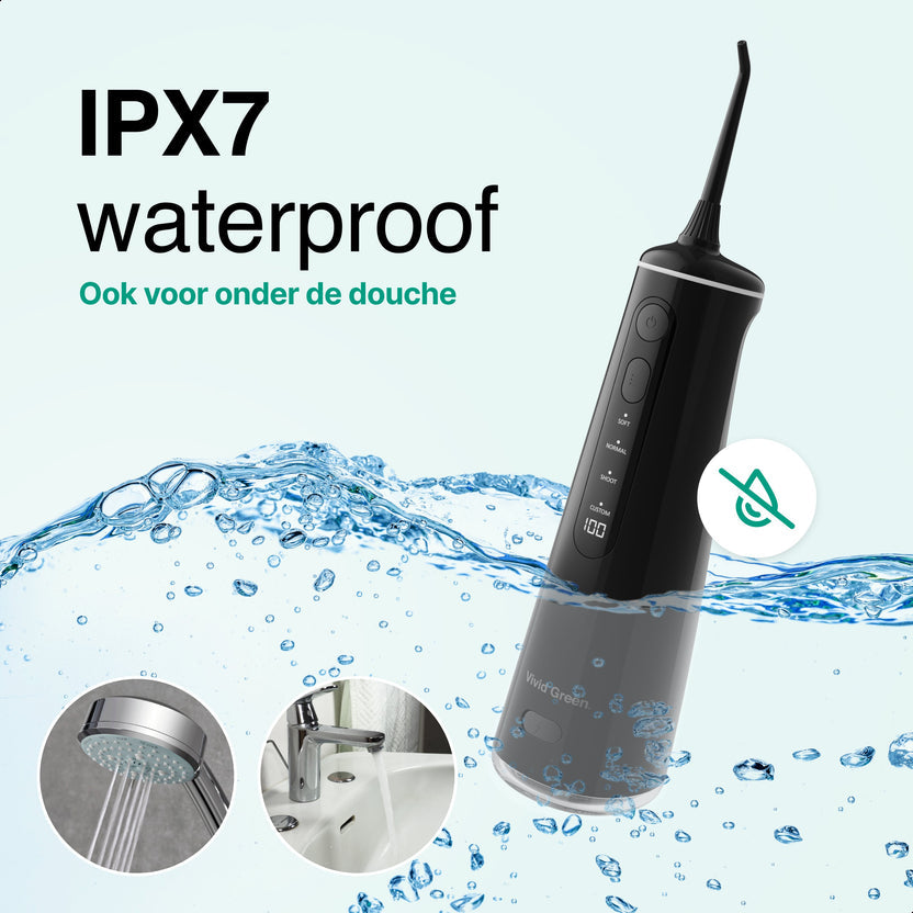 Waterflosser - Monddouche - 6 opzetstukken - 4 Standen - Elektrisch Flosapparaat - Waterdicht - Draadloos en Oplaadbaar - Zwart