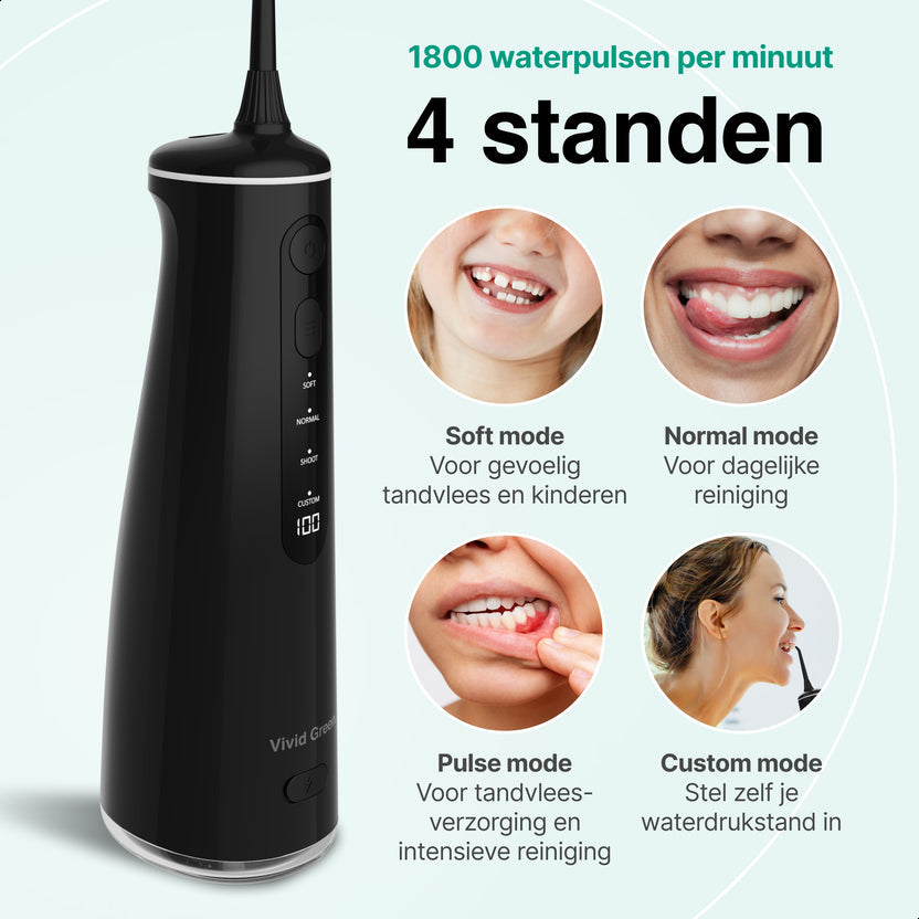 Waterflosser - Monddouche - 6 opzetstukken - 4 Standen - Elektrisch Flosapparaat - Waterdicht - Draadloos en Oplaadbaar - Zwart