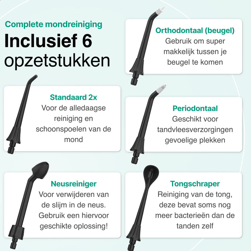 Waterflosser - Monddouche - 6 opzetstukken - 4 Standen - Elektrisch Flosapparaat - Waterdicht - Draadloos en Oplaadbaar - Zwart
