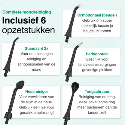 Waterflosser - Monddouche - 6 opzetstukken - 4 Standen - Elektrisch Flosapparaat - Waterdicht - Draadloos en Oplaadbaar - Zwart