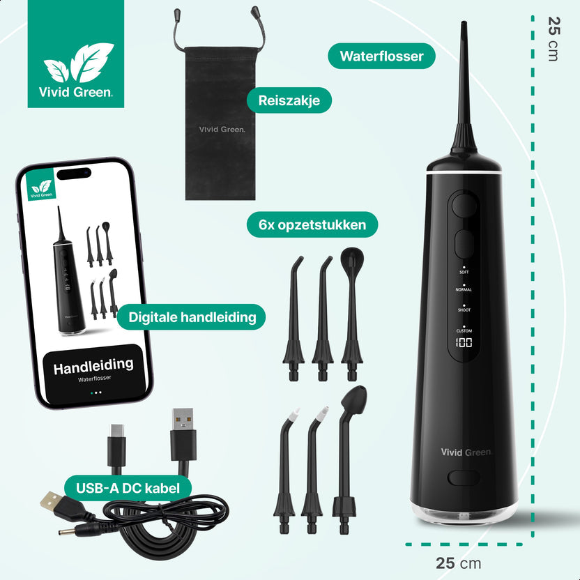 Waterflosser - Monddouche - 6 opzetstukken - 4 Standen - Elektrisch Flosapparaat - Waterdicht - Draadloos en Oplaadbaar - Zwart