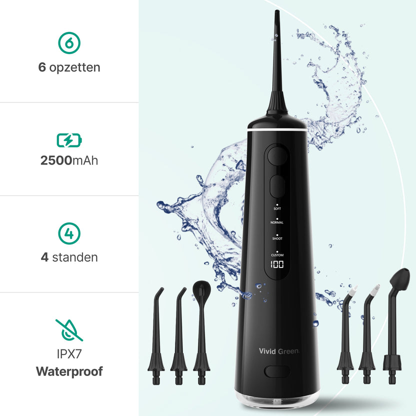 Waterflosser - Monddouche - 6 opzetstukken - 4 Standen - Elektrisch Flosapparaat - Waterdicht - Draadloos en Oplaadbaar - Zwart