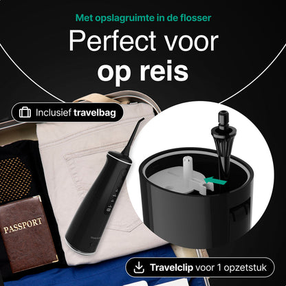 Waterflosser - Monddouche - 6 opzetstukken - 4 Standen - Elektrisch Flosapparaat - Waterdicht - Draadloos en Oplaadbaar - Zwart