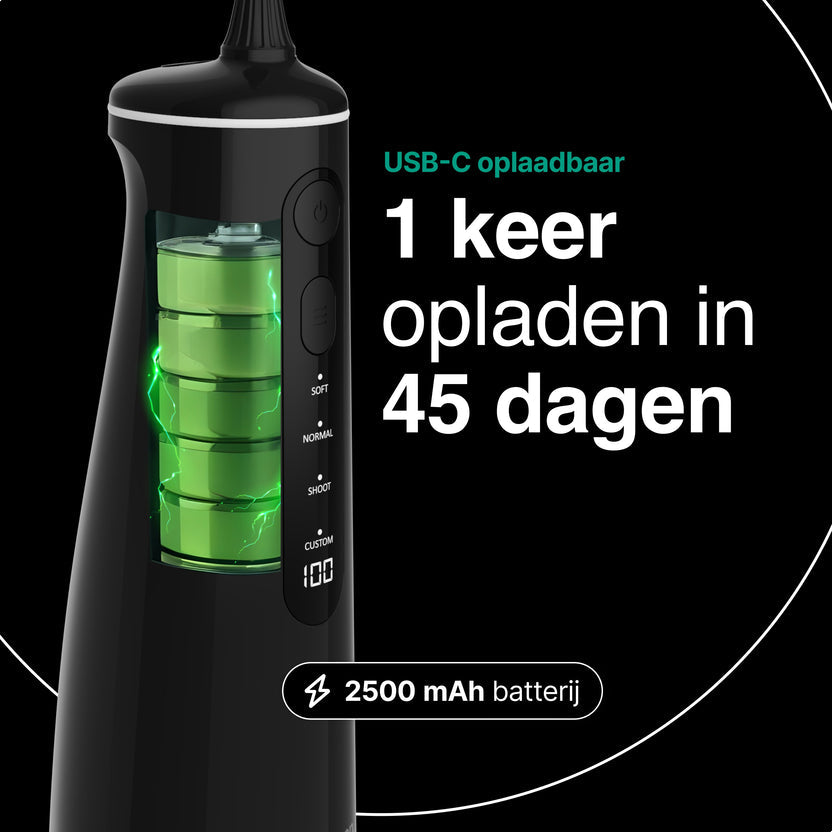 Waterflosser - Monddouche - 6 opzetstukken - 4 Standen - Elektrisch Flosapparaat - Waterdicht - Draadloos en Oplaadbaar - Zwart