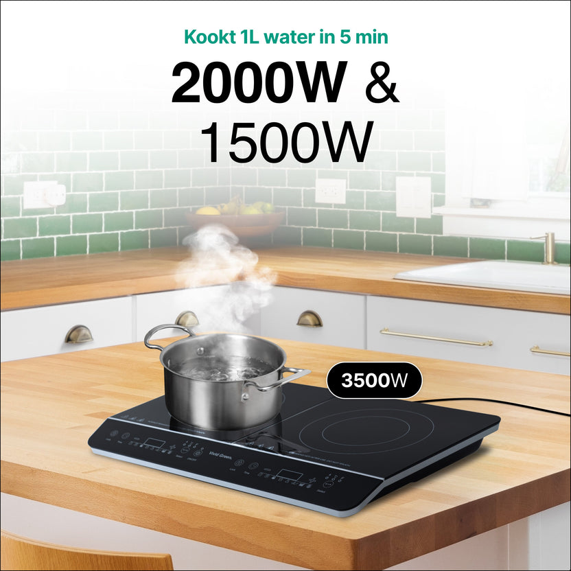 Inductie Kookplaat - Vrijstaand - 2 Pits - 1500 + 2000 Watt - 10 standen - Zwart