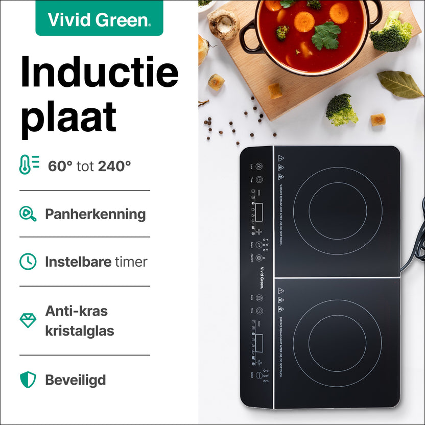 Inductie Kookplaat - Vrijstaand - 2 Pits - 1500 + 2000 Watt - 10 standen - Zwart