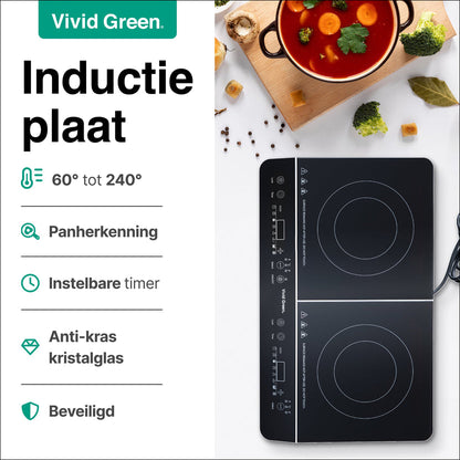 Inductie Kookplaat - Vrijstaand - 2 Pits - 1500 + 2000 Watt - 10 standen - Zwart