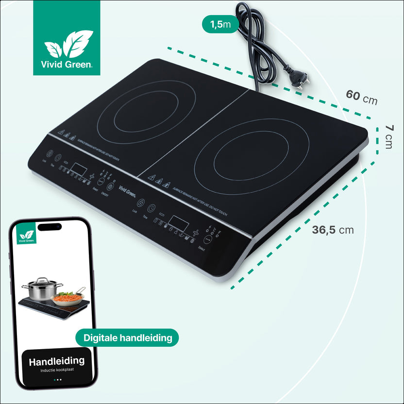 Inductie Kookplaat - Vrijstaand - 2 Pits - 1500 + 2000 Watt - 10 standen - Zwart